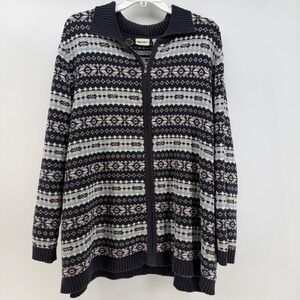 VTG Cherokee Cardigan Sweater Women 3X Navy Fair Isle Full Zip Knit 26 28 Nordic